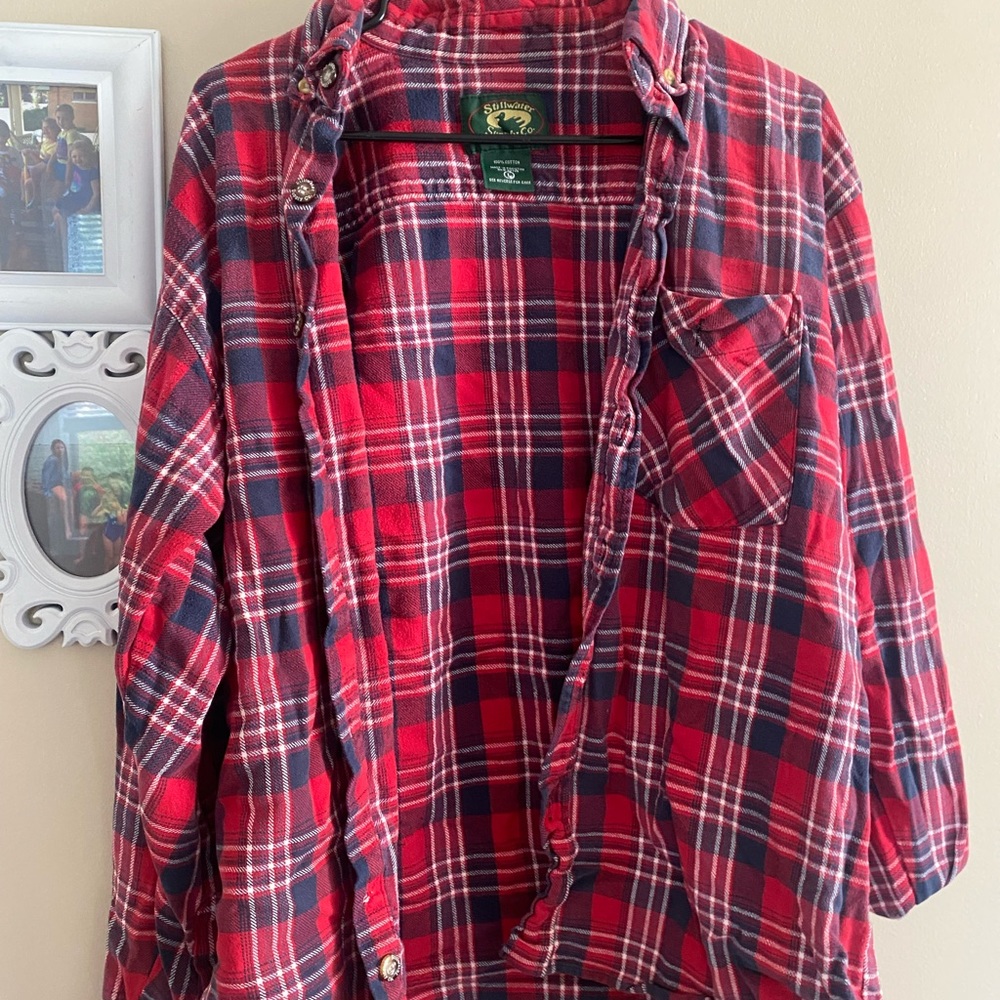 large red and blue long sleeve cotton flannel button up